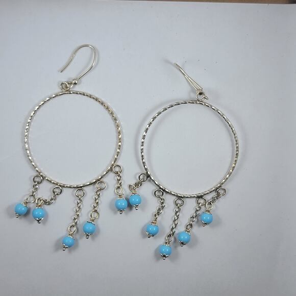 Sterling Silver Hoop Earrings Blue Beads 3 Inch Vintage Dangle Jewelry - Picture 9 of 10